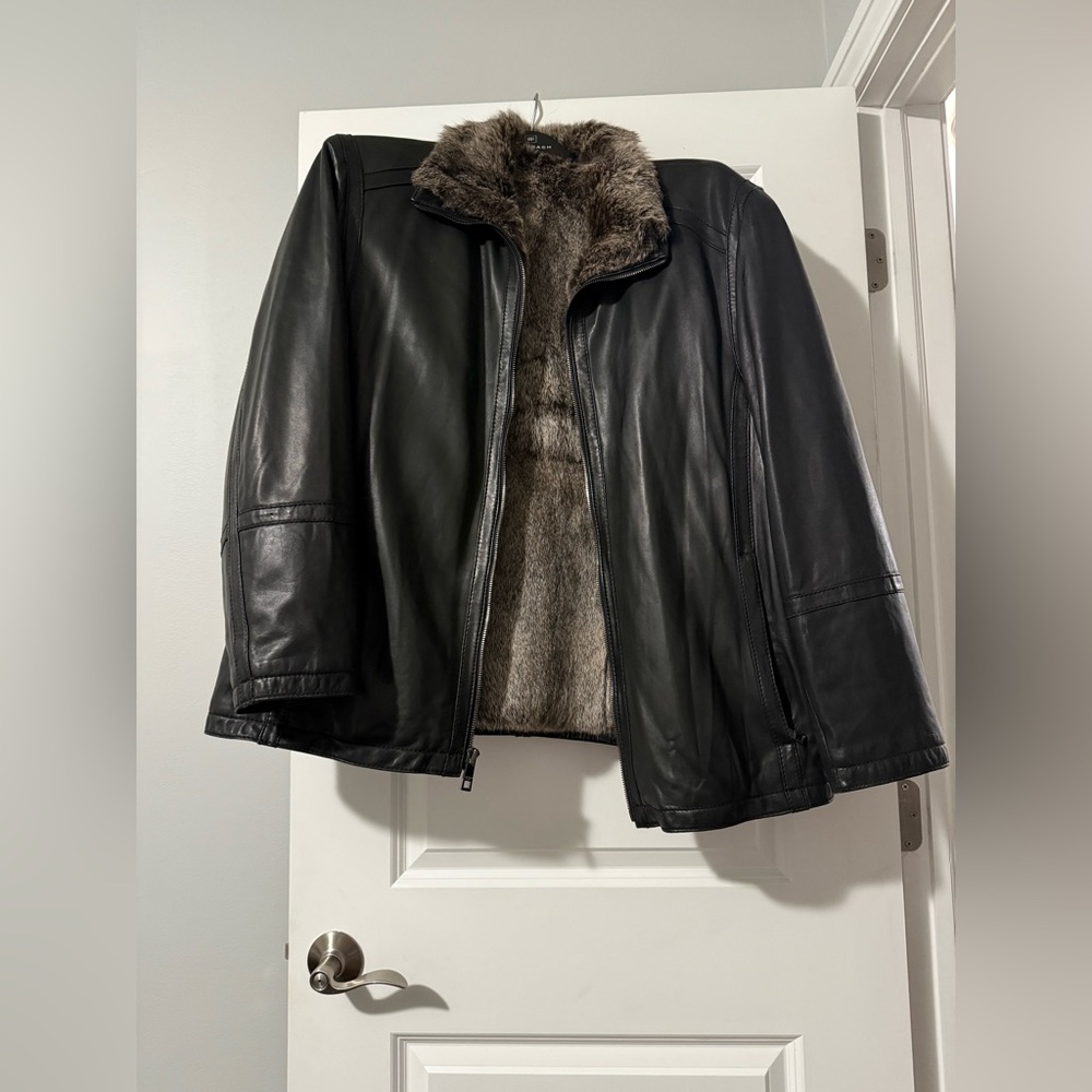 Andrew Marc Black Leather Jacket with Faux Fur